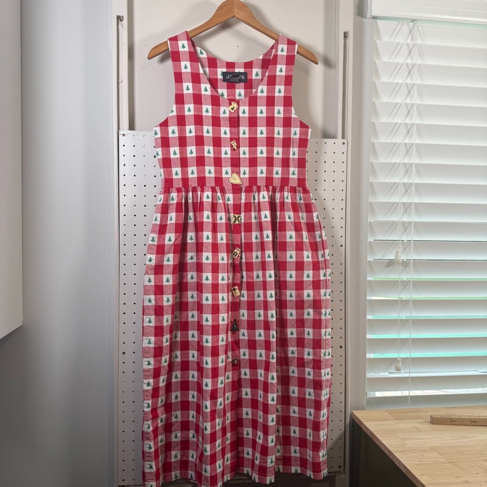 J.G. Hook Maxi Jumper Dress Red White Gingham Checkered Christmas Tree Vtg 4